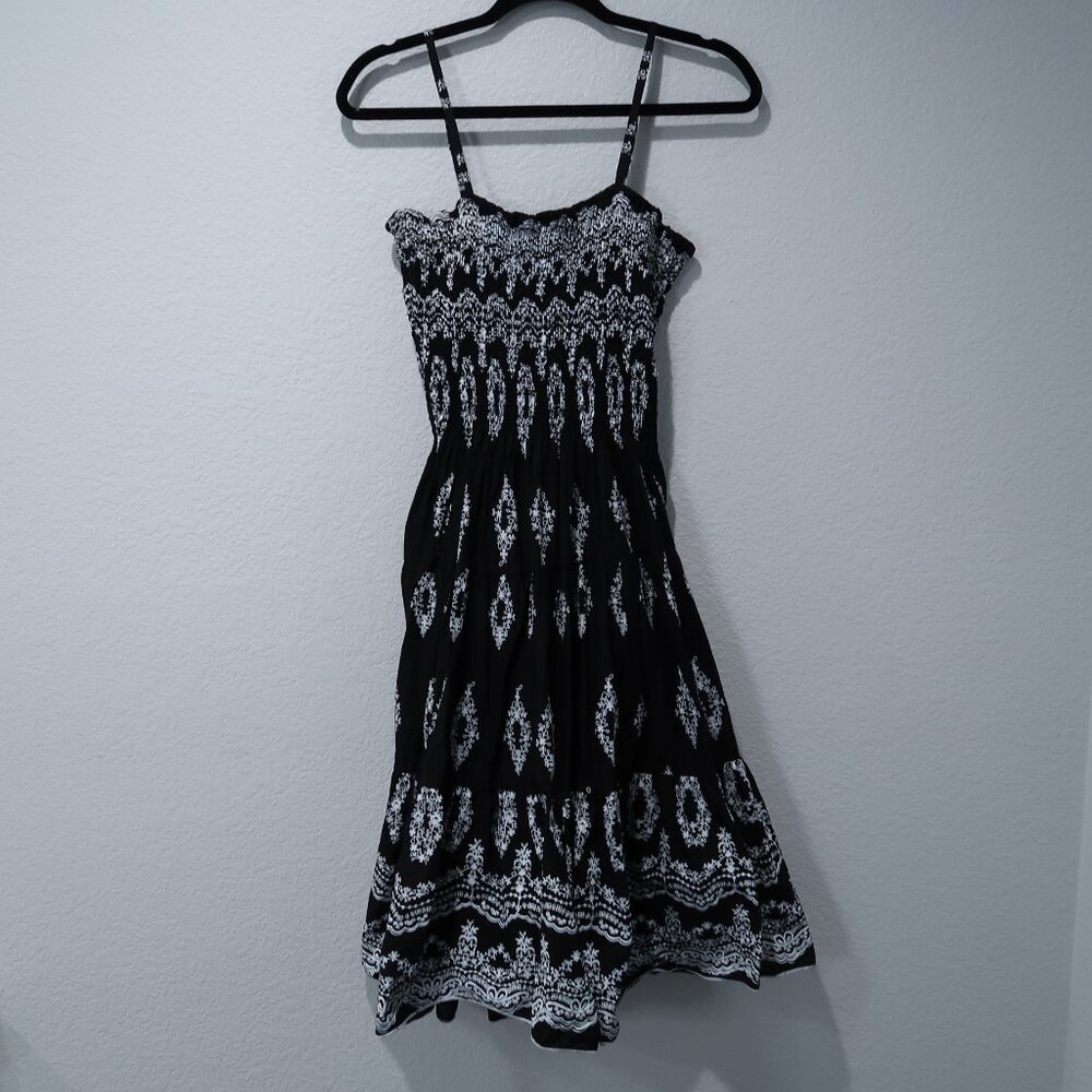 Dress Midi Womens Smocked Tank Top Sleeveless Black White A Line Summer S/M - Picture 6 of 12